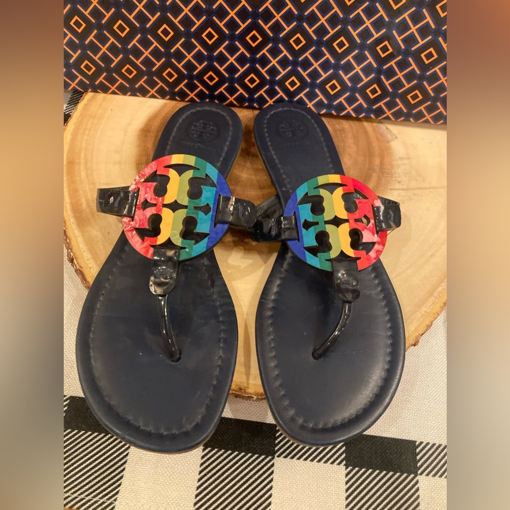 Tory Burch Miller Bright Rainbow Royal Navy Thong Sandals 8.5 Rt-298$